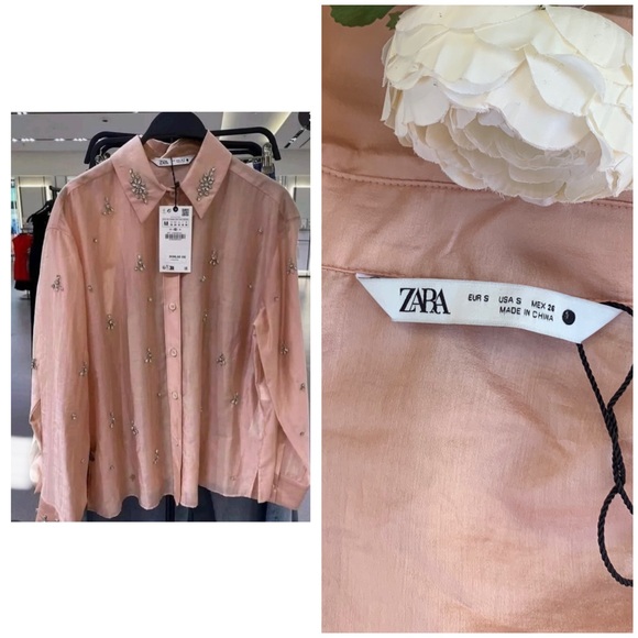 XMAS 🎄 ZARA  Embellished Shirt, size S, semi sheer, glossy fabric - Picture 10 of 16